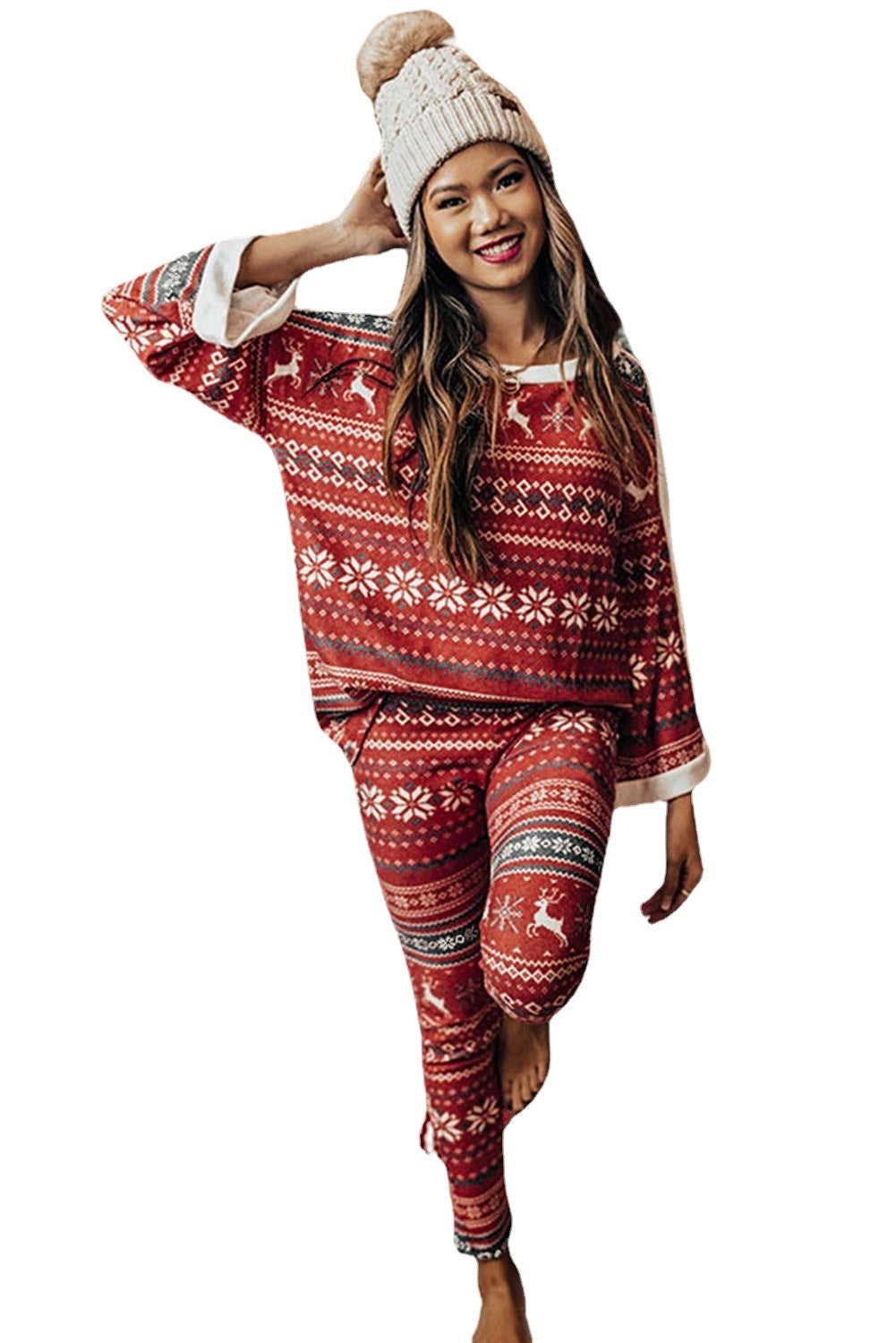 Christmas Loose Round Neck Print Homewear Suits Casual Two-piece Suit