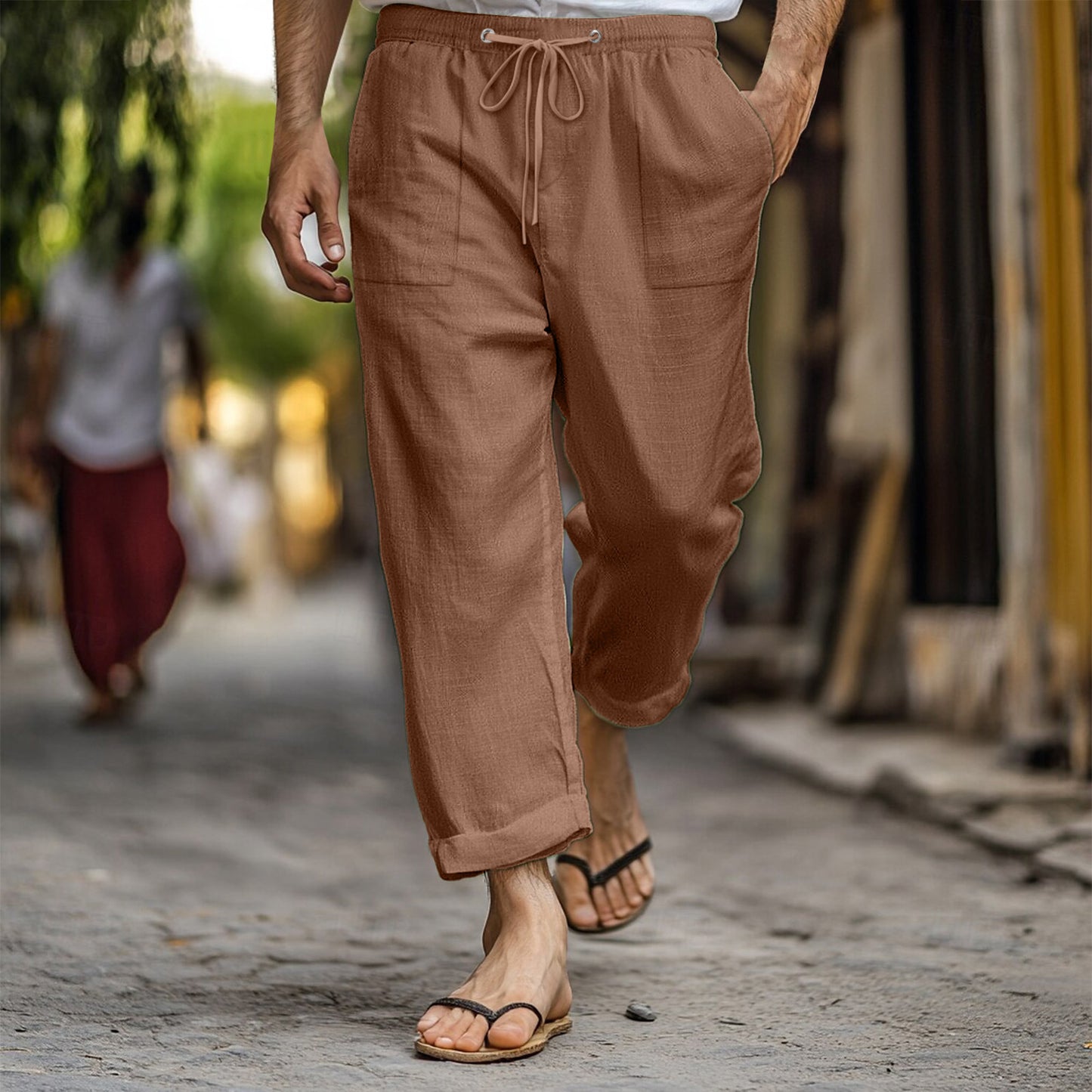 Men's Casual Summer Elastic Waist Drawstring Multi-pocket Cotton And Linen Trousers