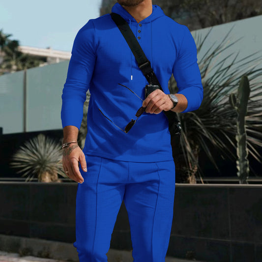 Waffle European And American Hooded Solid Color Long Sleeve Trousers Suit