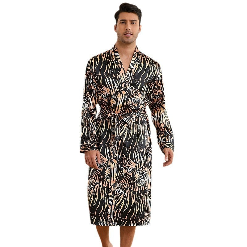 Men's Robes Fashion Ice Silk Bathrobe Homewear Set Pajamas