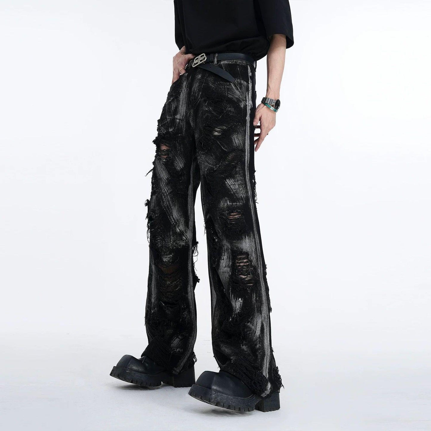 American Style High Street Wasteland Style Heavyweight Washed Graffiti Men's Long Pants Jacket