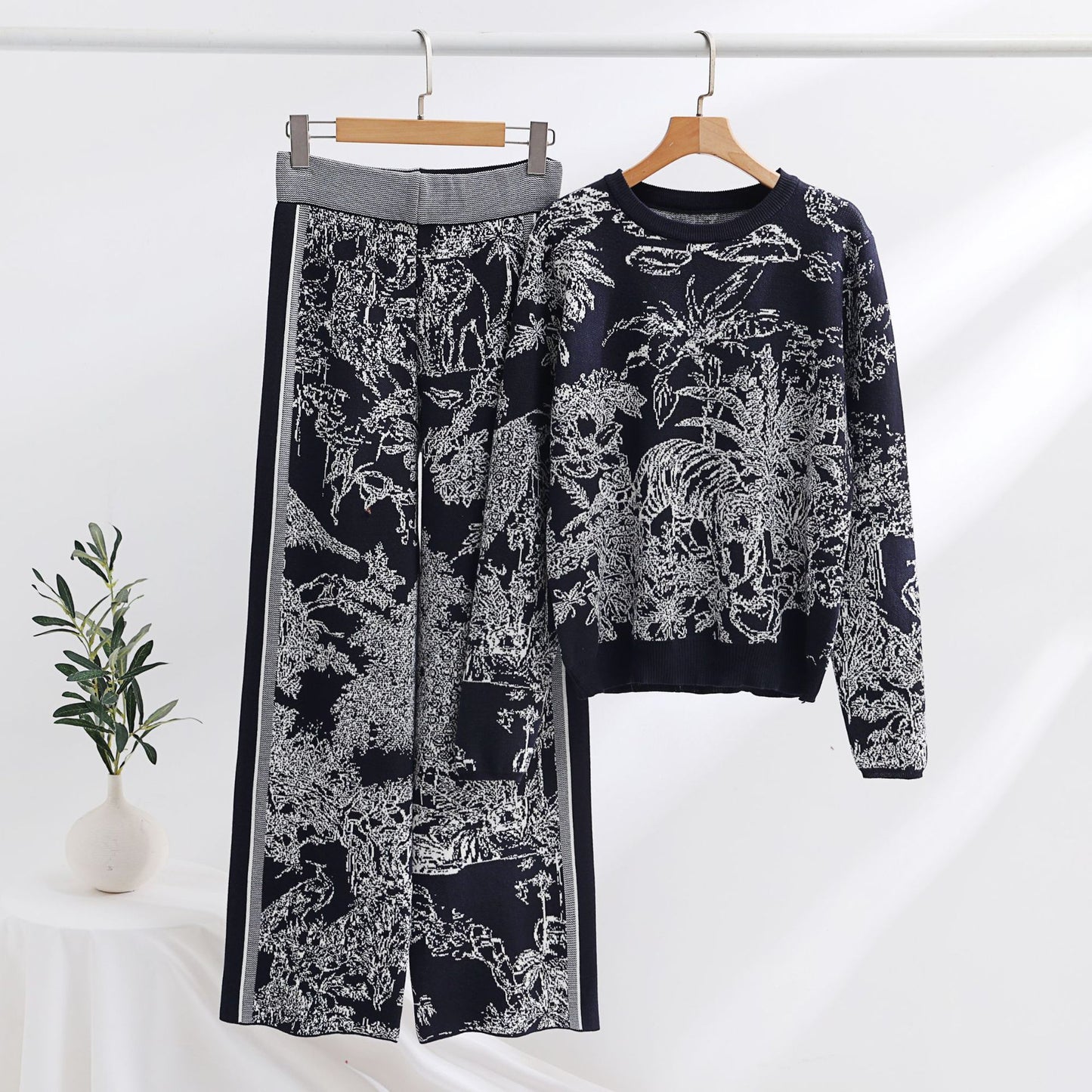 Knitting Patterns Two-piece Set Pullover Long Sleeve Sweater High Waist Wide Leg Top Suit