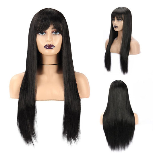 Fashion Ladies Black Long Straight Synthetic Fiber Wig Head Cover