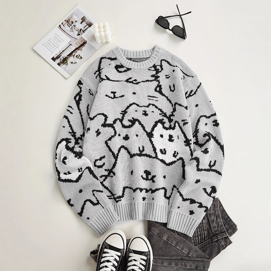 Cat Contrast Color Loose-fitting Casual Round-neck Knitted Sweater