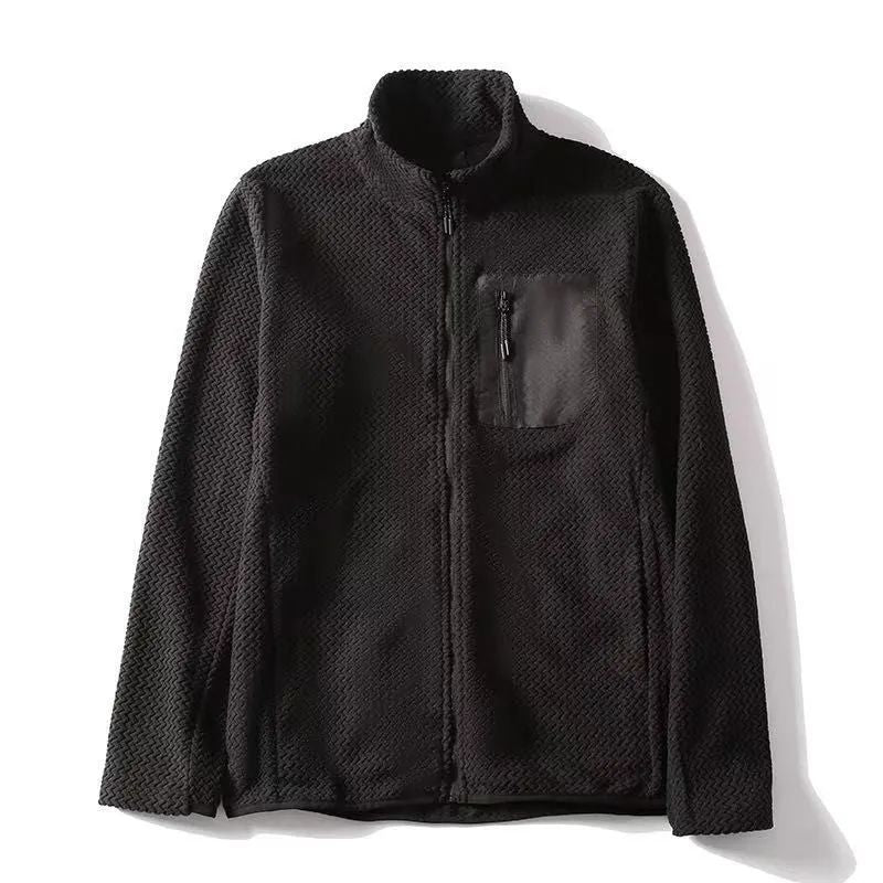 Fleece Stand Collar Cardigan Sweater Fashion Wave Pattern Jacket Coat