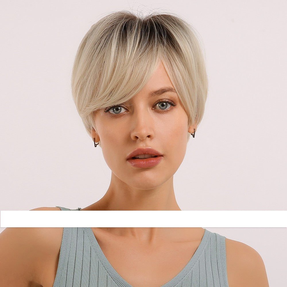 Black Gradient Golden Straight Short Hair Chemical Fiber Women's Wig