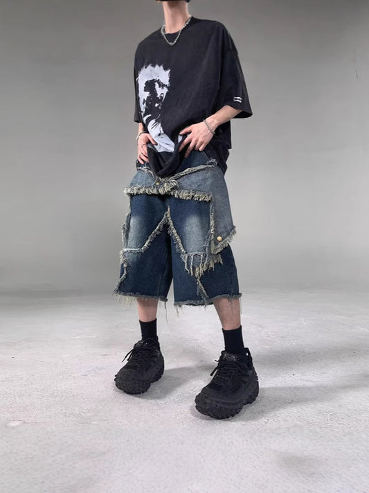 American Retro Frayed Five-pointed Star Denim Shorts Loose